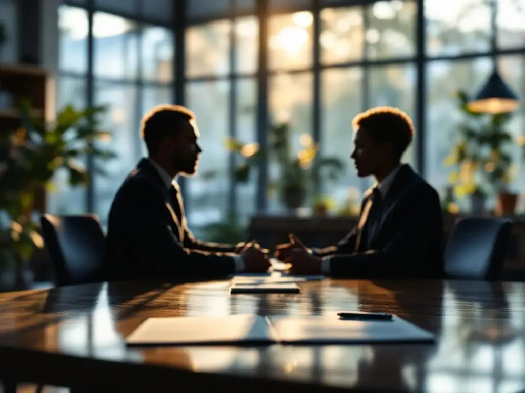 Twee professionals in silhouet voeren vertrouwelijk gesprek aan conferentietafel in kantoor met warme natuurlijke verlichting