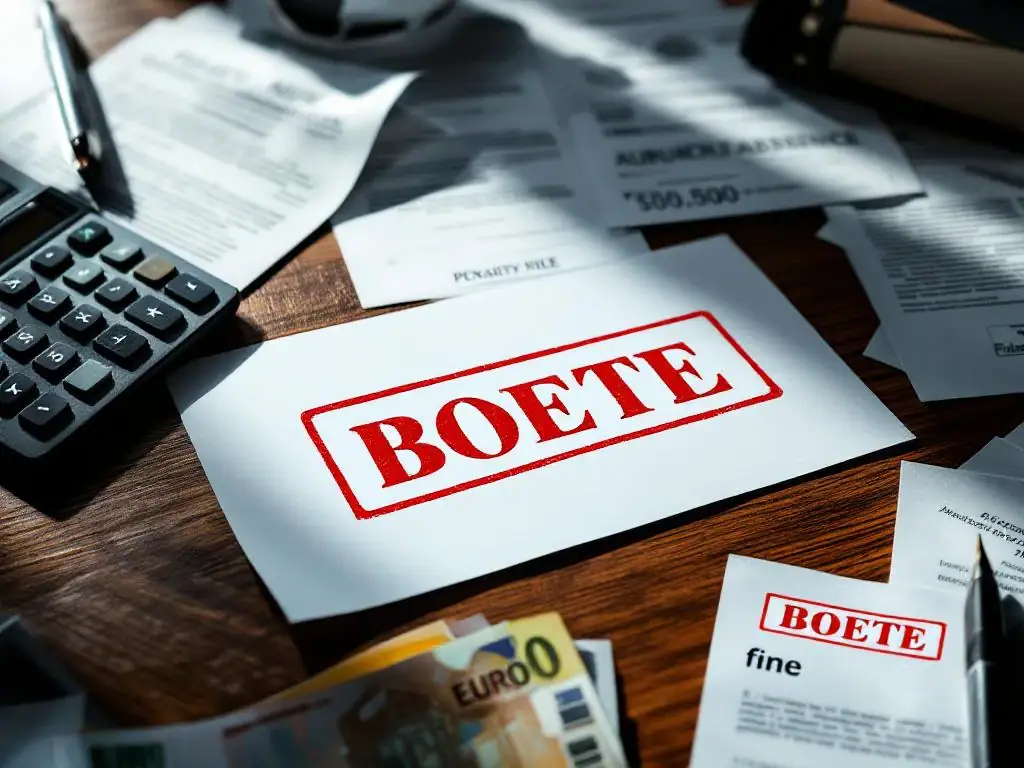 Houten bureau met officieel document gestempeld "BOETE" in rood, omringd door boetebrieven, rekenmachine en eurobiljetten