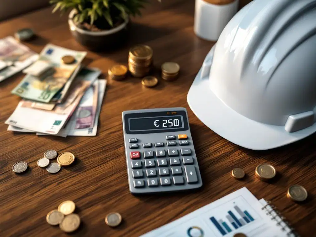 Rekenmachine toont €250 op bureau met eurobiljetten, munten, witte helm en financiële documenten met grafieken