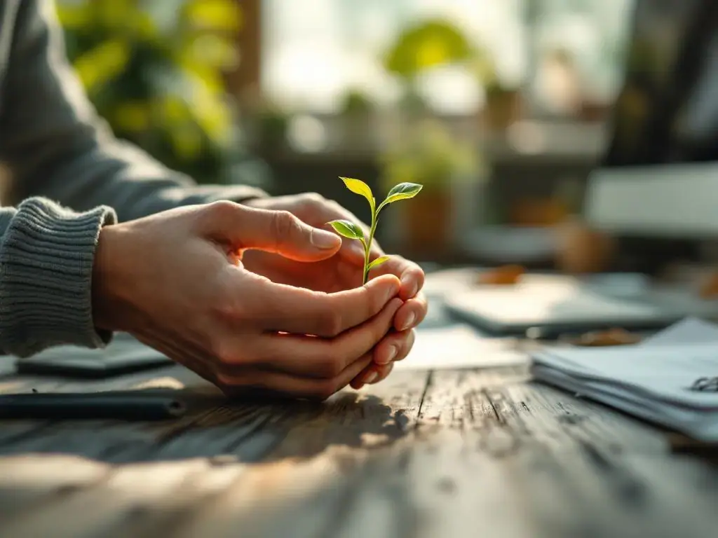 Handen houden delicate plant met nieuwe scheuten vast op houten bureau, symboliseert herstel van burnout in werkplek