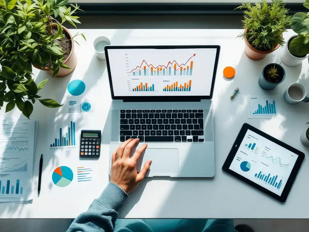 Moderne bureauopstelling met laptop die data-analyse grafieken toont, omringd door rapporten en calculator op wit bureau