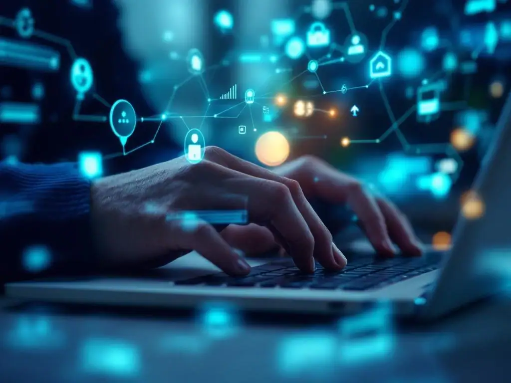 Handen typen op laptop met zwevende app-iconen, meldingen en digitale verbindingselementen in blauw-groen licht