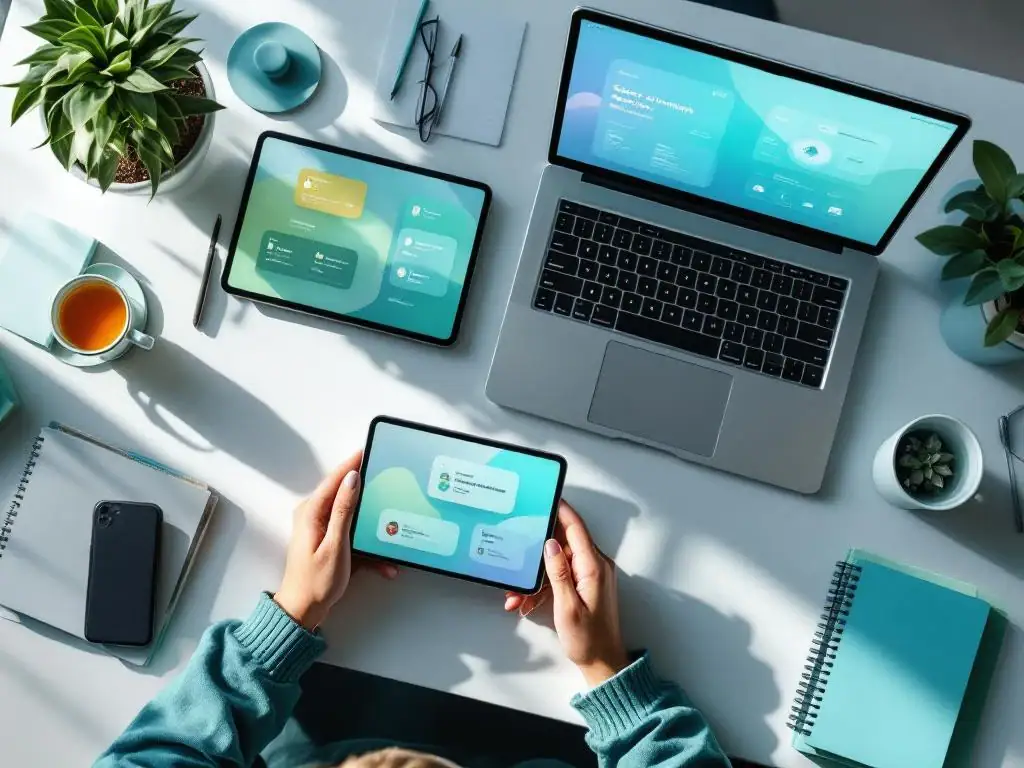 Modern bureau met tablet, smartphone en laptop die productiviteits-apps tonen, omringd door plant en thee voor werkplek wellness