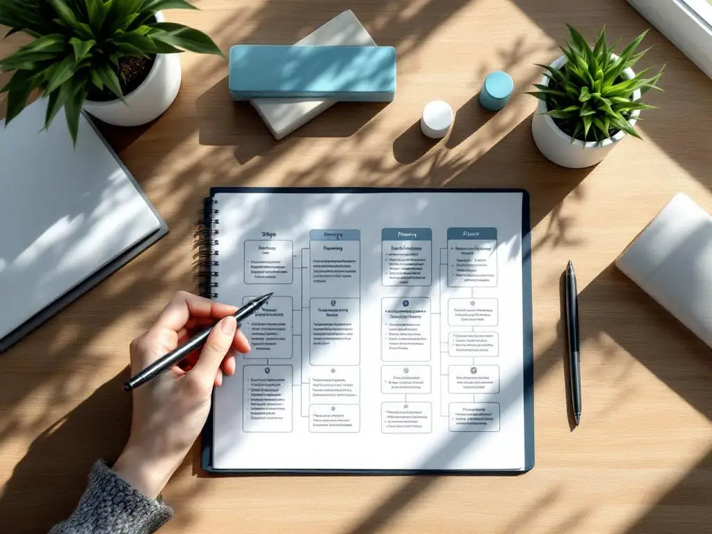 Bovenaanzicht van modern bureau met open notitieboek met stroomdiagram, pen, plant en zorgvuldigheid symbolen