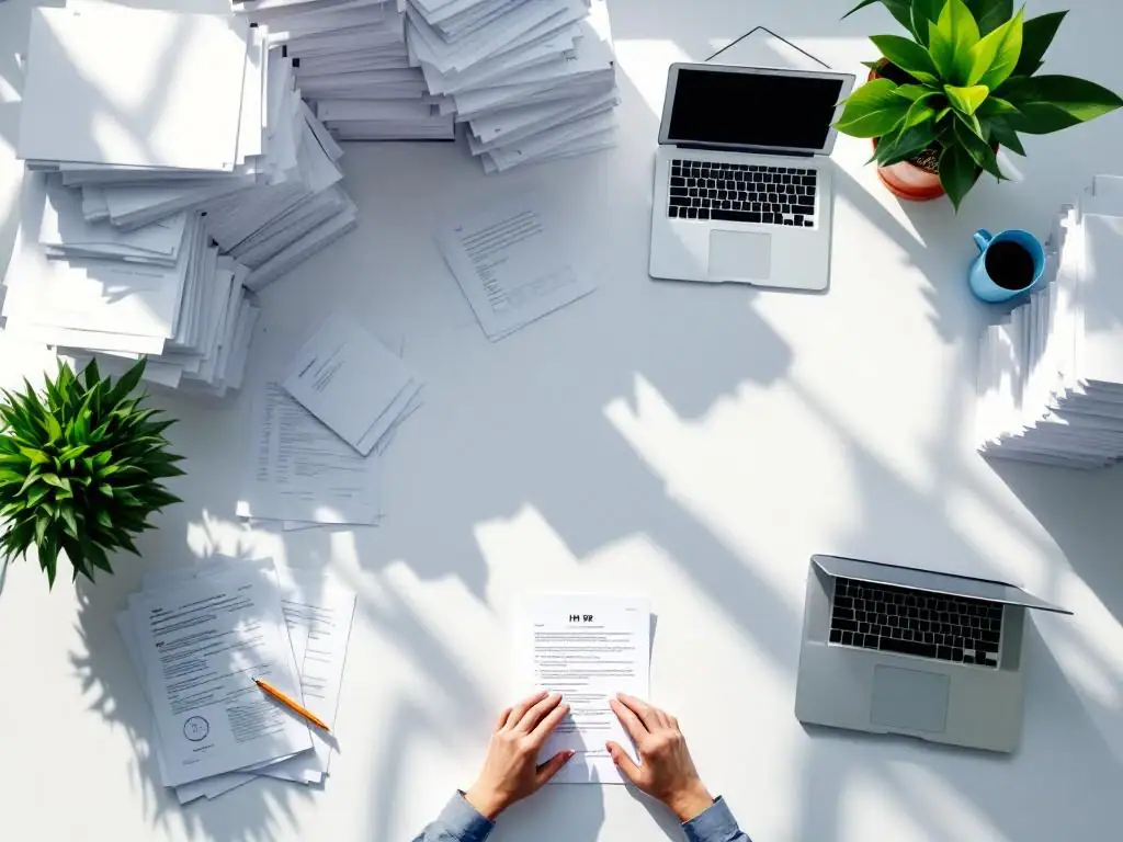 Gestresste HR-manager aan rommelig bureau met stapels papierwerk, laptops en e-mails, groene plant in hoek
