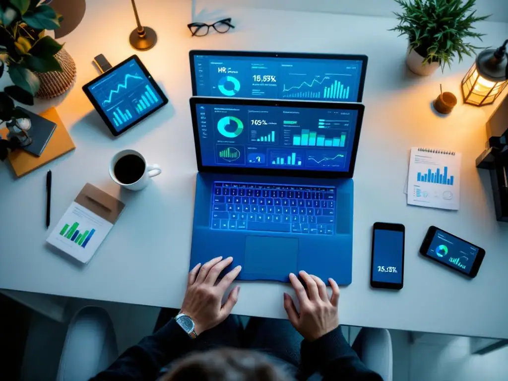Moderne bureautafel met laptop die HR-software vergelijkingsgrafieken toont, omringd door tablet en rapporten