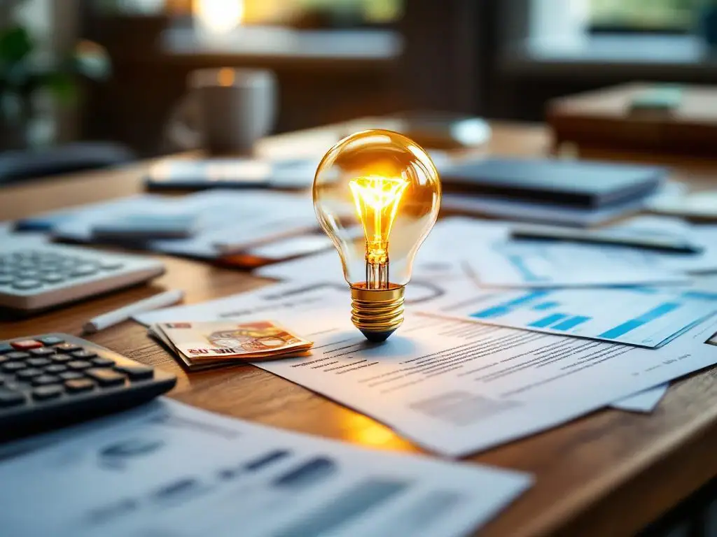 Gloeilamp op bureau met financiële documenten, rekenmachine en eurobiljetten voor investeringsideeën op kantoor