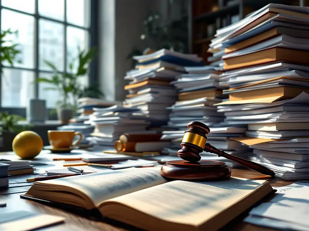 Houten rechterhamer op open wetboek tussen stapels juridische documenten op overvolle advocatenkantoor bureau
