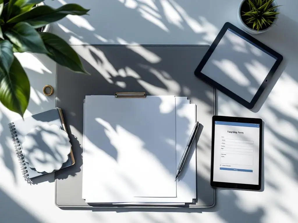 Kantoorbureau met open leren documentmap, officiële papieren, zilveren pen en tablet met digitaal formulier