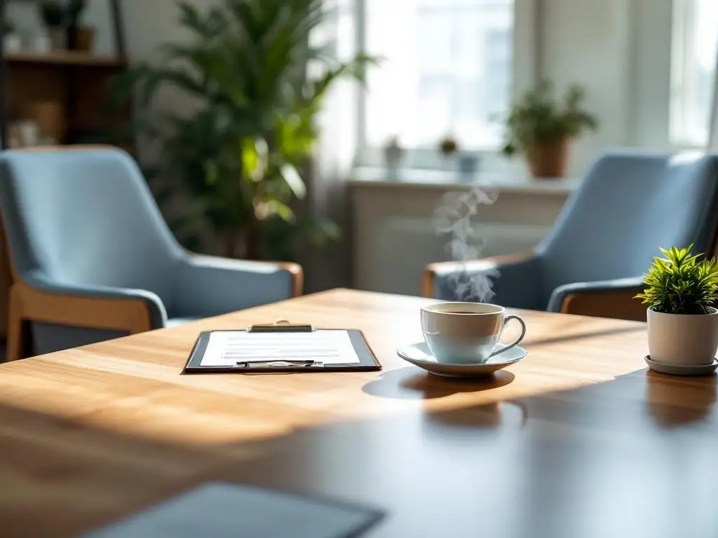 Twee lege stoelen tegenover elkaar aan houten bureau in professionele kantooromgeving voor consultatie gesprek