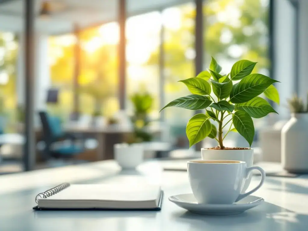 Groene plant op modern bureau met koffie en notitieboek in zonnig kantoor met ergonomische meubels