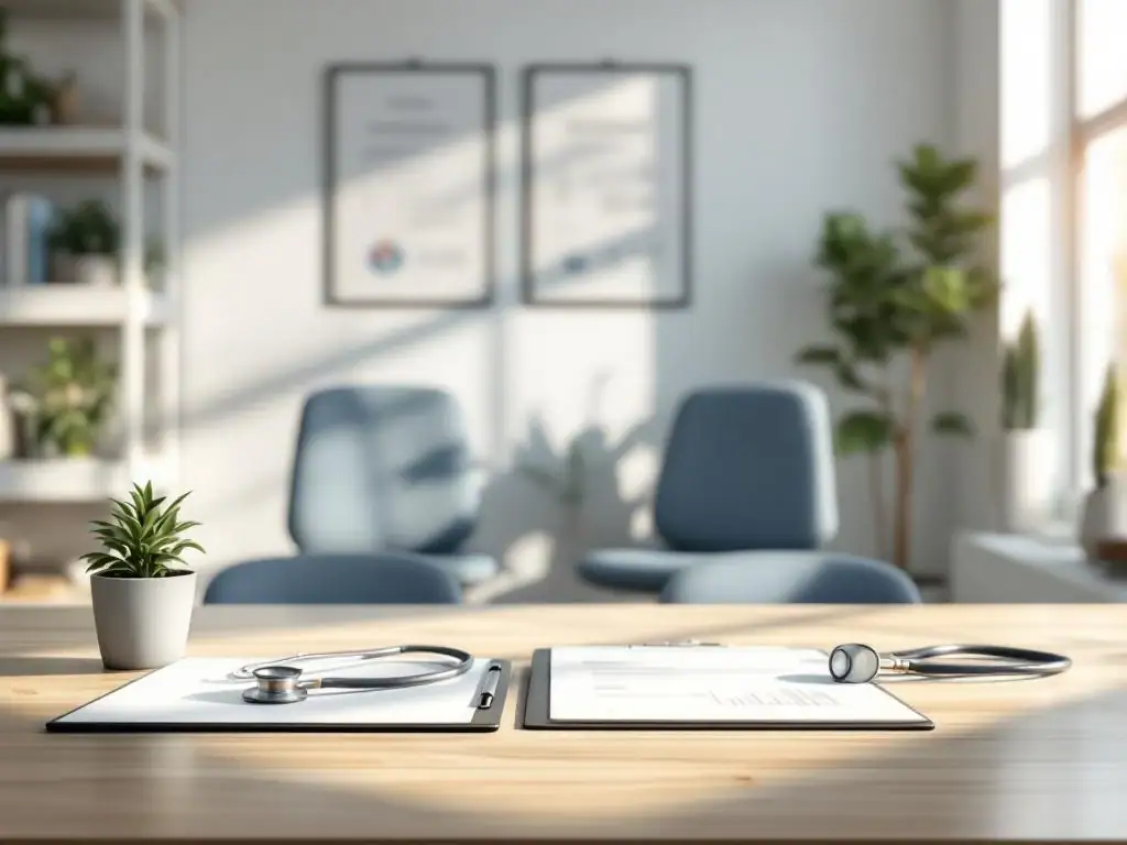 Moderne medische consultatieruimte met stethoscoop op bureau, twee stoelen en natuurlijk licht door ramen