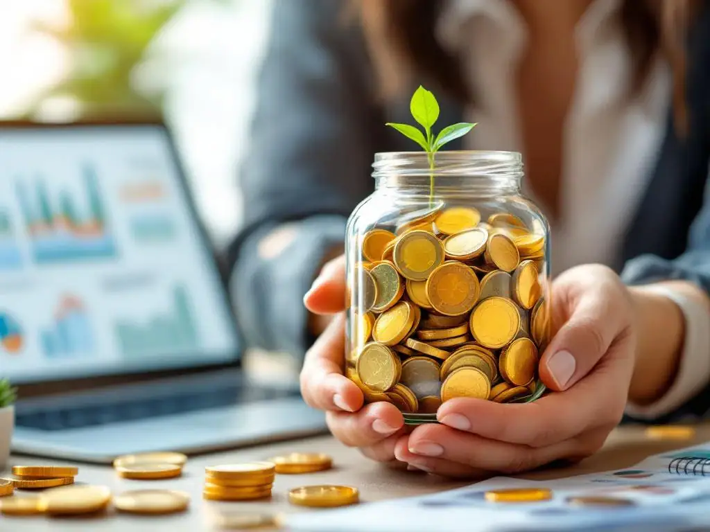 Handen houden glazen pot met gouden euro's, laptop met grafieken op achtergrond, investering in mentale gezondheid