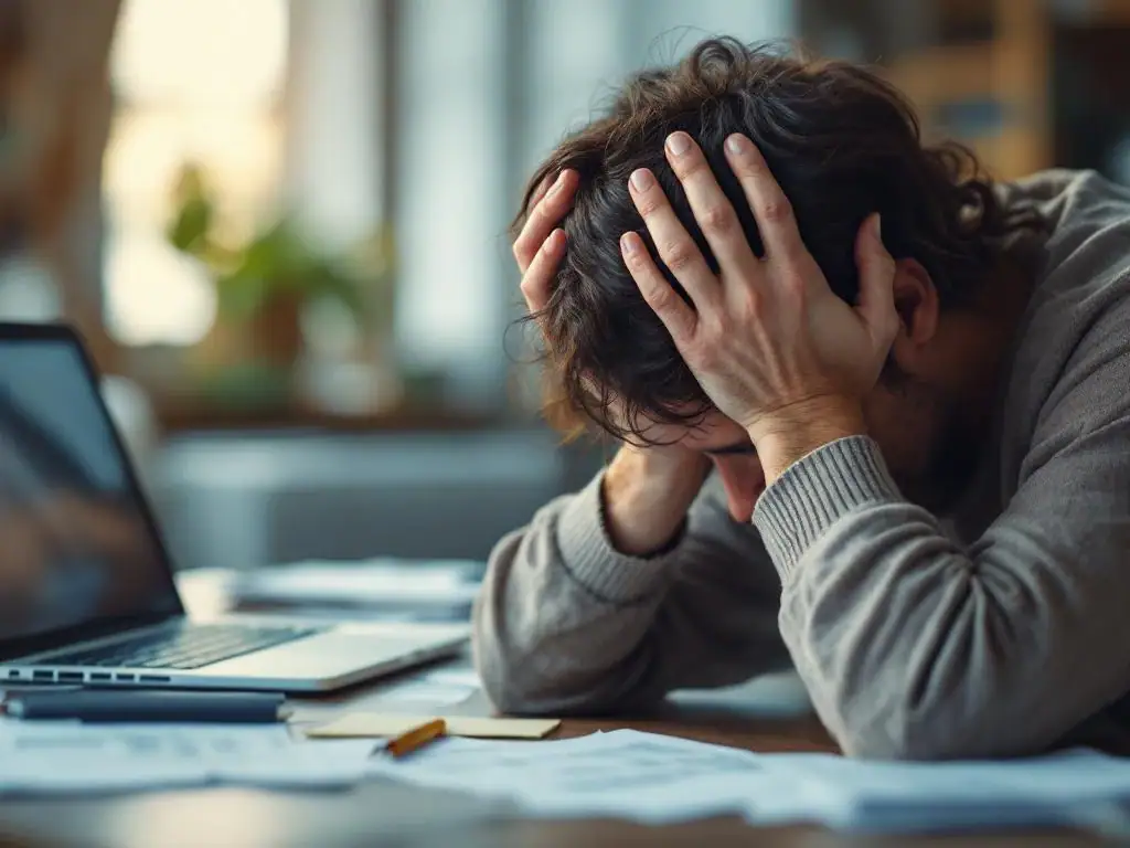 Verweerde handen houden hoofd vast van uitputting, met vervagen werkplek op achtergrond die werkstress suggereert