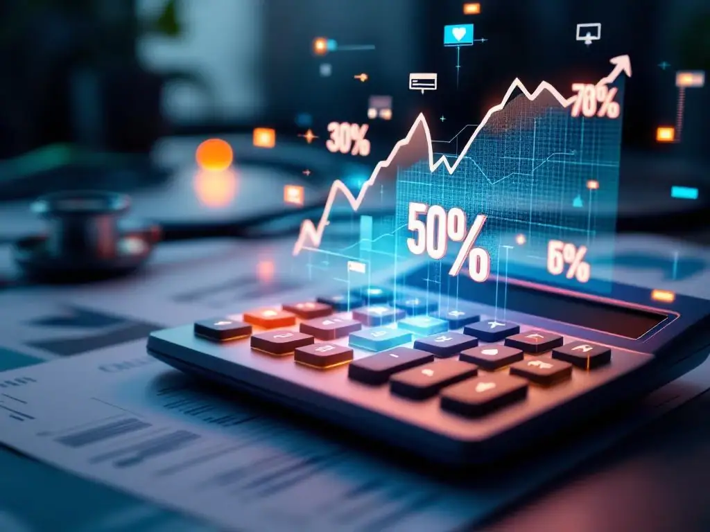 Moderne calculator met percentagesymbolen omringd door holografische grafieken met dalende trendlijnen in blauw-groene tinten