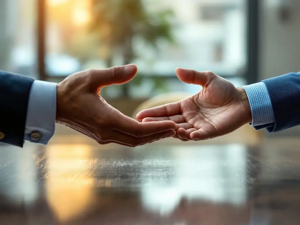 Professionele handen op houten vergadertafel, één uitgestrekt in welkomend gebaar, kantooromgeving