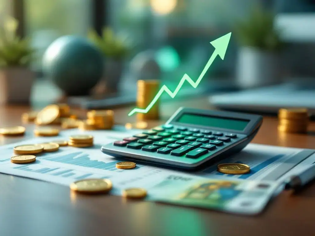 Calculator met groene pijl omhoog op houten bureau met financiële grafieken, euromunten en bankbiljetten voor ROI-analyse