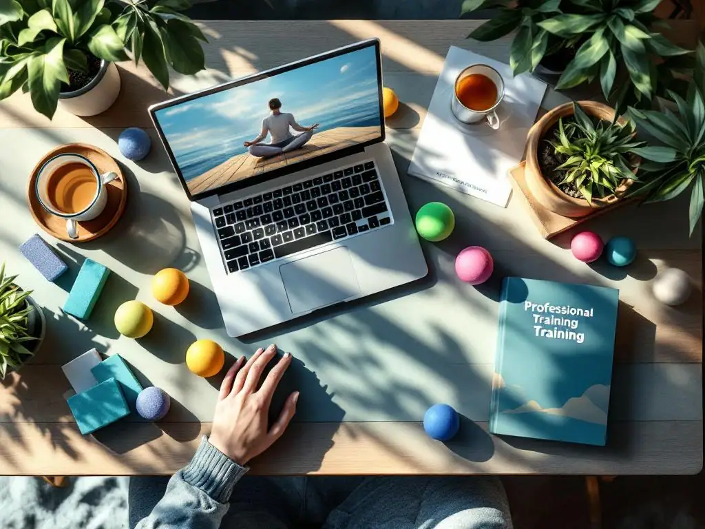 Bureautafel met stressmanagement trainingsmaterialen: laptop met meditatie-app, stressballen, kruidenthee en yogablokken