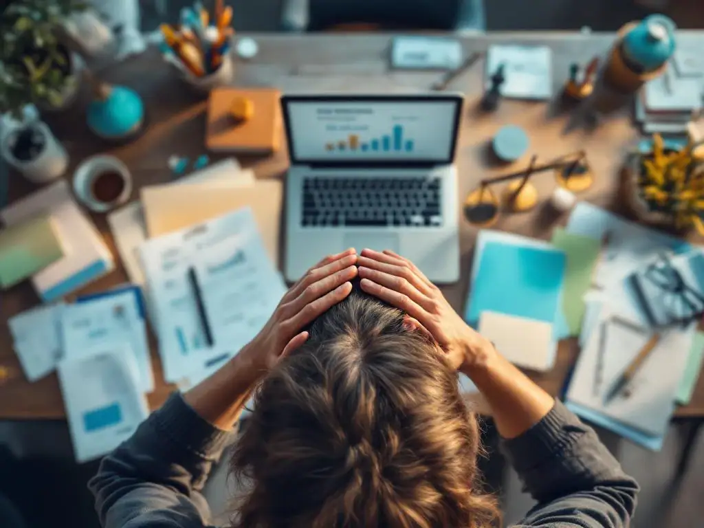 Persoon met handen tegen slapen van stress op modern kantoorbureau met laptop en verspreide papieren