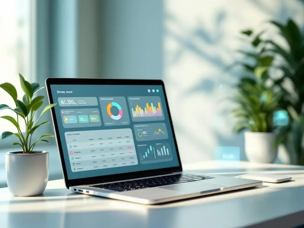Laptop met kleurrijke stressniveau dashboards en analytics grafieken, omringd door plant en wellness elementen op bureau