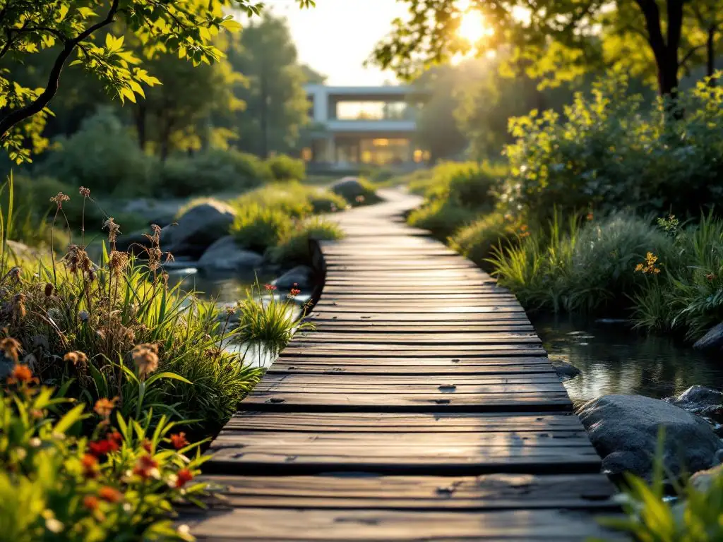 Houten brug over beek met verwelkte planten die overgaan in groen gebladerte, symboliseert herstel en terugkeer naar werk