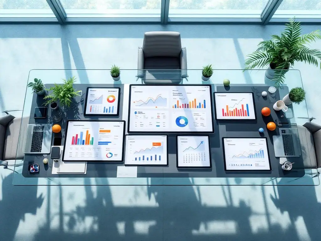 Moderne vergadertafel met tablets en laptops die predictive analytics dashboards tonen voor mentale gezondheid