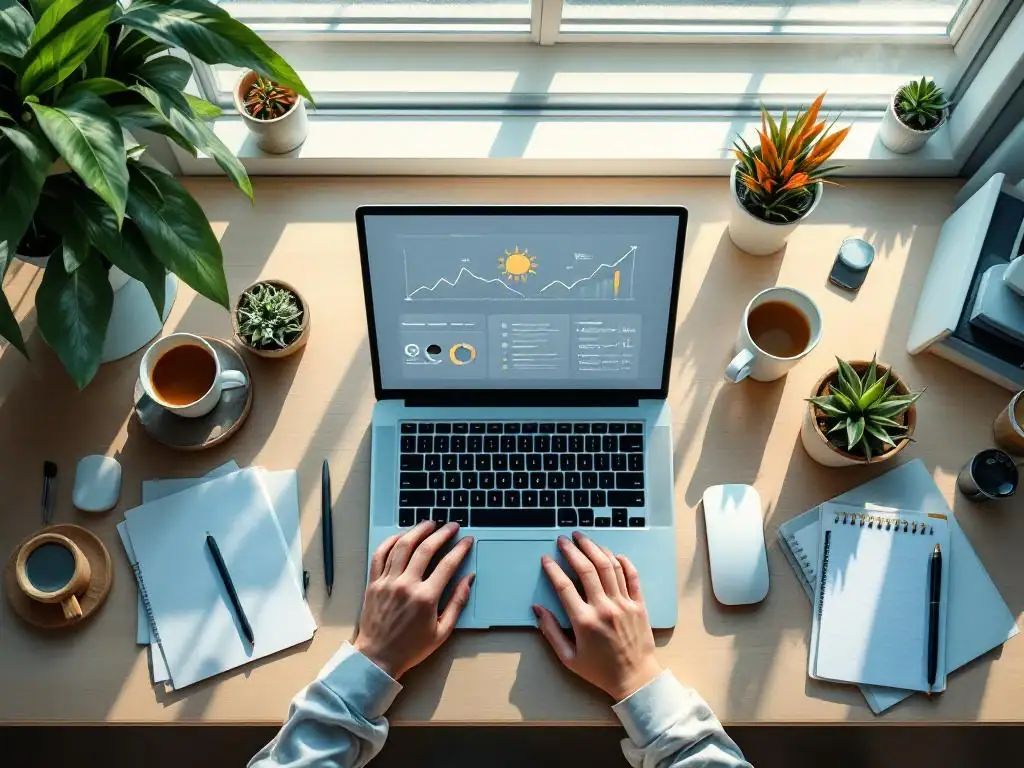 Moderne bureauopstelling van bovenaf met laptop, thee, plant en kantoorbenodigdheden in rustgevende kleuren voor werk-privé balans