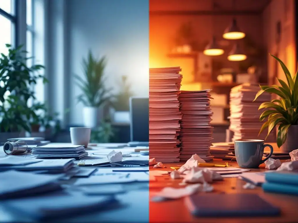 Split-screen vergelijking van werkdruk: georganiseerd bureau links versus chaotische werkplek met stress rechts