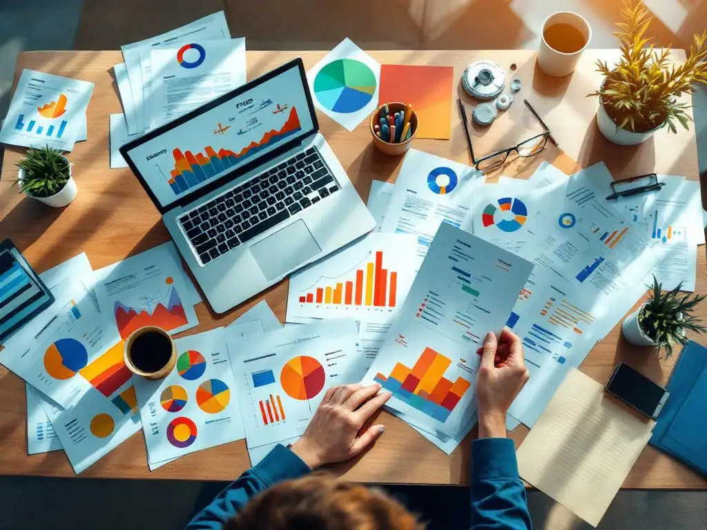 Manager organiseert kleurrijke prioriteitsgrafieken op modern bureau met laptop, papieren en werkstroomdiagrammen