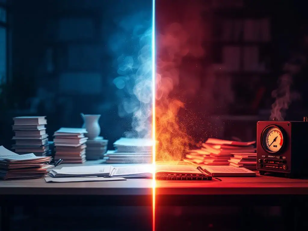 Split-screen kantooromgeving: georganiseerd bureau met blauwe verlichting versus chaotische werkplek met rode verlichting
