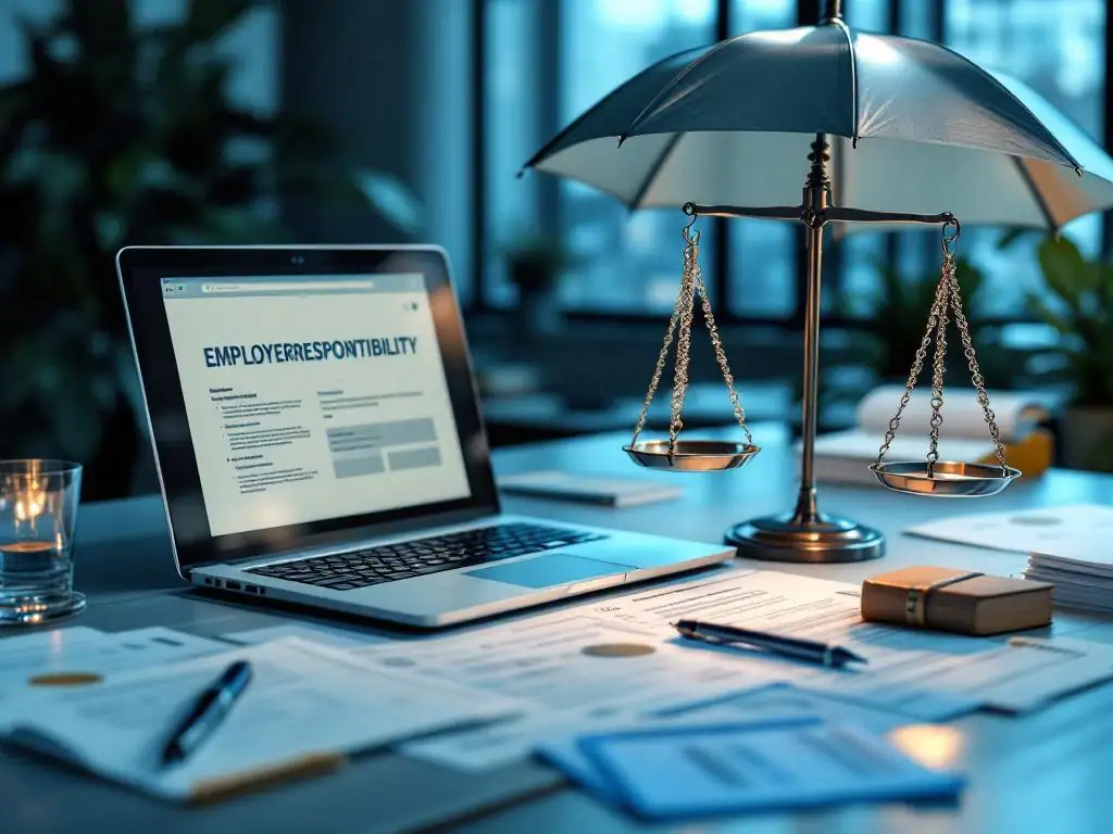 Modern kantoorbureau met laptop, juridische documenten, weegschaal van justitie en paraplu in professionele blauwe tinten