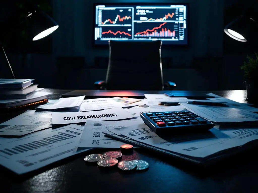 Kantoorbureau met financiële documenten, rekenmachines en verborgen eurorekeningen die bedrijfskosten van werknemersafwezigheid tonen