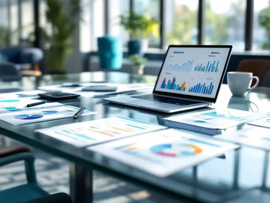 Glazen vergadertafel met laptop die workforce analytics toont, omgeven door grafieken en rapporten in modern kantoor