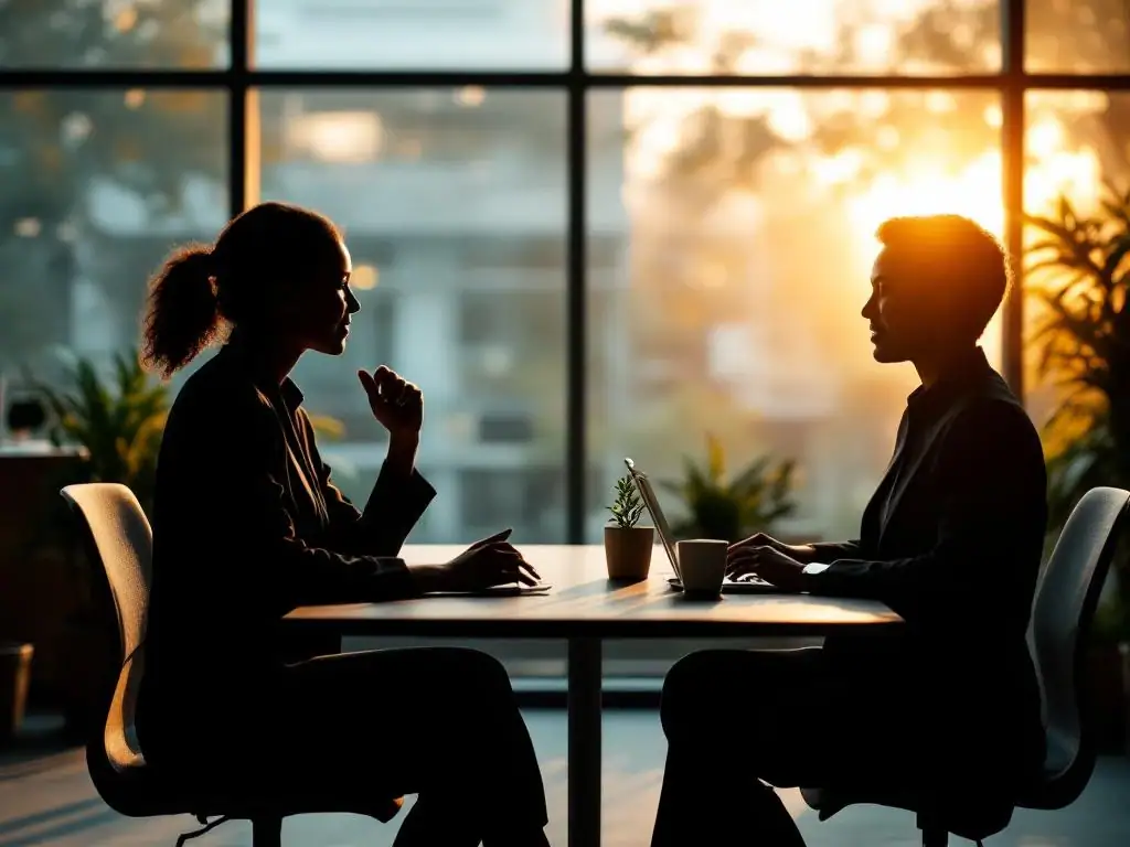 Twee professionals in silhouet voeren een vertrouwelijk gesprek aan moderne vergadertafel in kantoor met natuurlijk licht