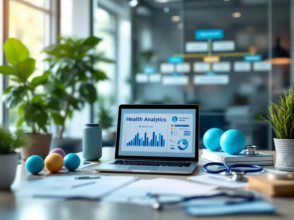 Moderne kantoorwerkplek met laptop met gezondheidsanalyses, stethoscoop en welzijnsgerelateerde items op bureau