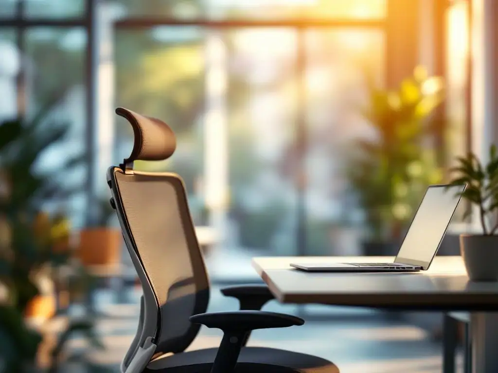 Lege ergonomische bureaustoel naast bureau met laptop en plant in modern kantoor met natuurlijk licht