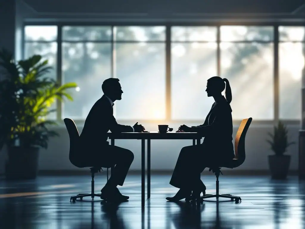Twee silhouetten in gesprek aan bureau met lichtbrug ertussen in warm verlicht kantoor met natuurlijk zonlicht