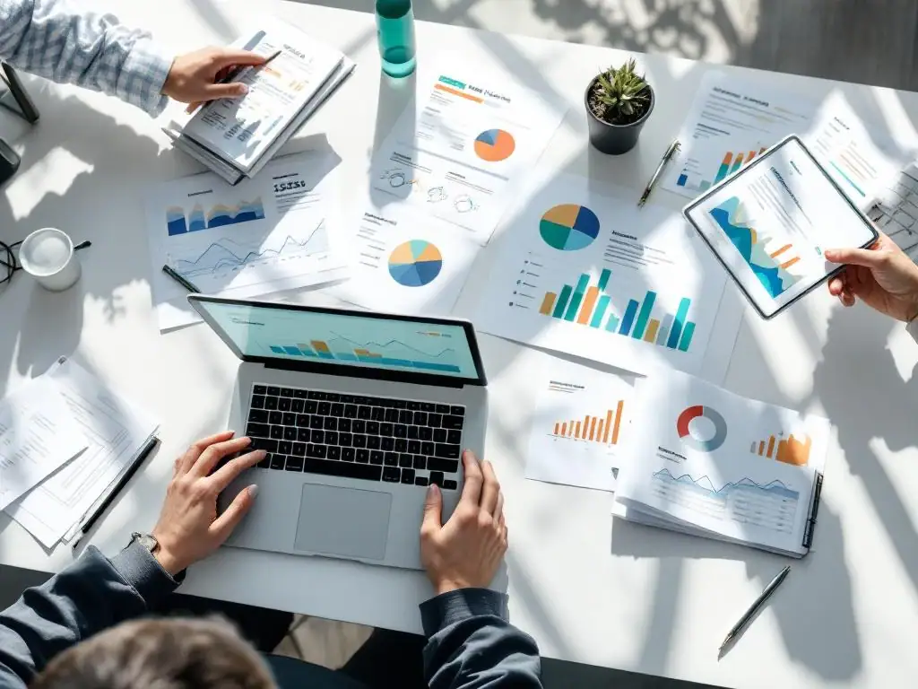 Moderne kantoorbureau met stressanalyse grafieken, laptop dashboard en tablet met werkplek welzijn statistieken