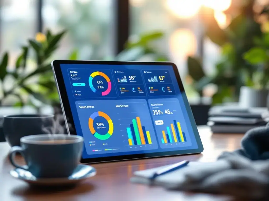 Digitaal dashboard op tablet toont kleurrijke stressniveau grafieken en werkplek analytics, omringd door thee en planten