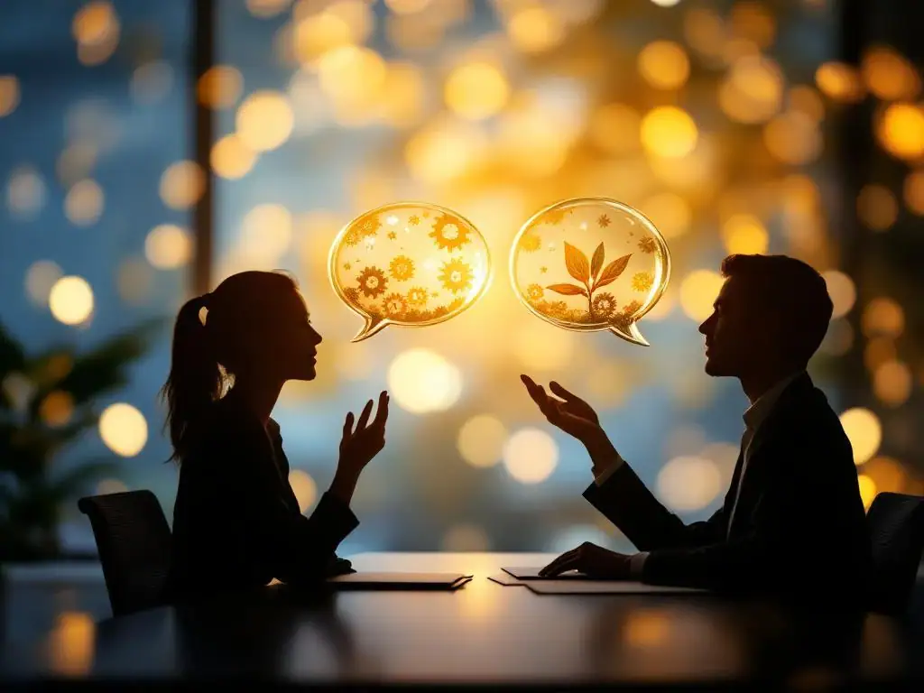 Twee professionals in gesprek aan moderne bureautafel met glazen spraakbubbels en stressverlichting symbolen