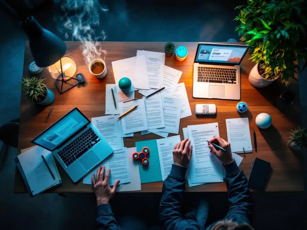 Bovenaanzicht van modern bureau met laptops, papieren, koffie en stressverlichting items zoals fidget spinner