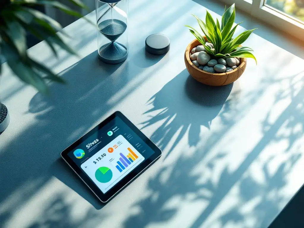 Bovenaanzicht van georganiseerd bureauopblad met tablet, zandloper en zen-tuin voor stressmanagement op de werkplek