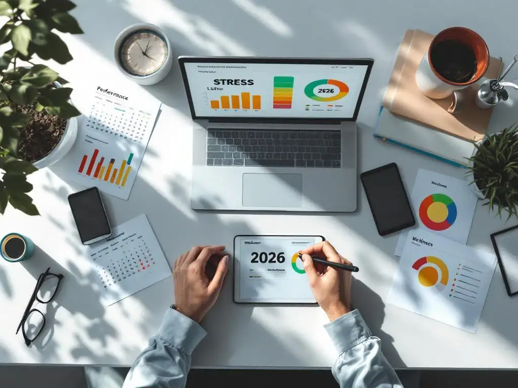 Moderne kantoorbureau met laptop met stressgrafieken, tablet met wellness-indicatoren en 2026 kalenders in natuurlijk licht