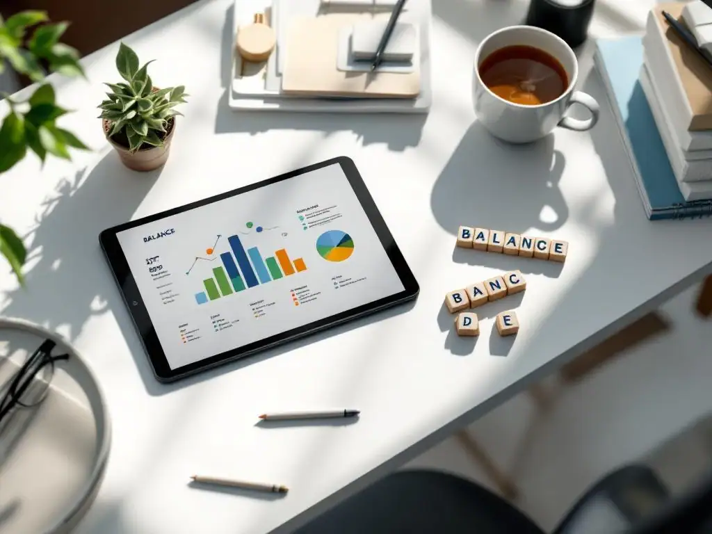 Bovenaanzicht van modern bureau met stressmanagement tools: tablet met wellness grafieken, kruidenthee, vetplant en houten blokjes "BALANCE"