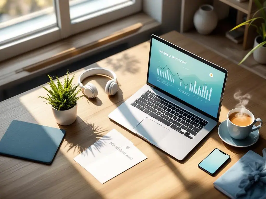 Modern bureau van bovenaf met laptop, wellness dashboard, plant, thee, koptelefoon en mindfulness kaarten in natuurlijk licht