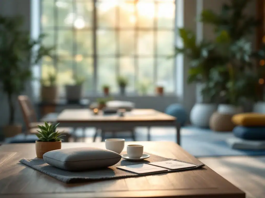 Rustige werkplaats met houten tafels, meditatiekussens, ademhalingsoefenkaarten en planten voor stressmanagement