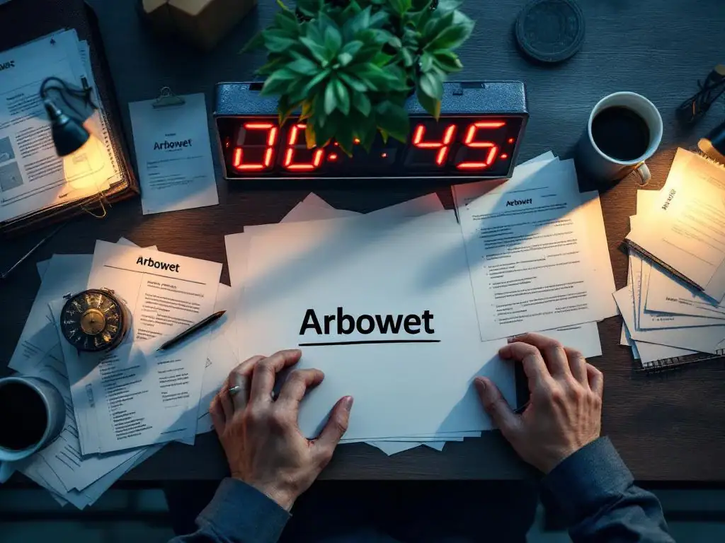 Gestresste zakenman grijpt bureaurand met witte knokkels, juridische documenten verspreid, late avond kantoor