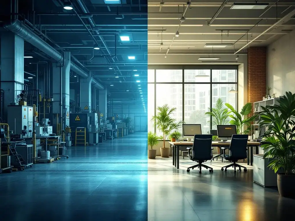 Gesplitst scherm toont contrast tussen donkere industriële fabriek links en lichte moderne kantoorruimte rechts