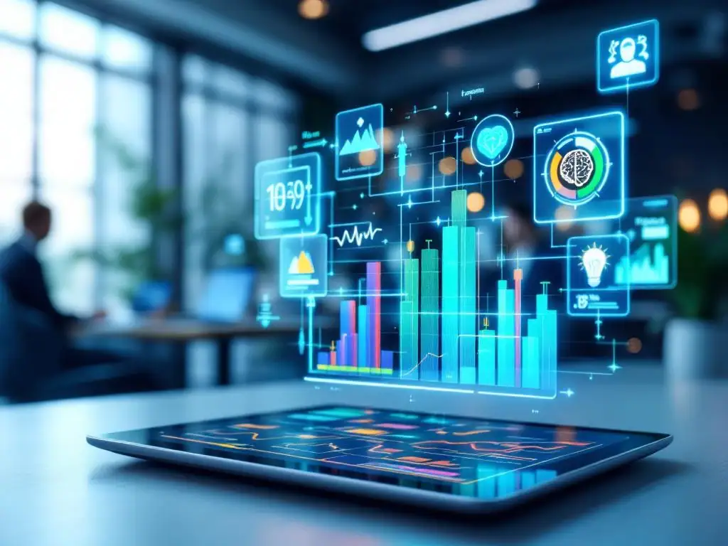Moderne kantooromgeving met holografische displays van gezondheidsanalyses en AI-interface voor digitale werkplek wellness