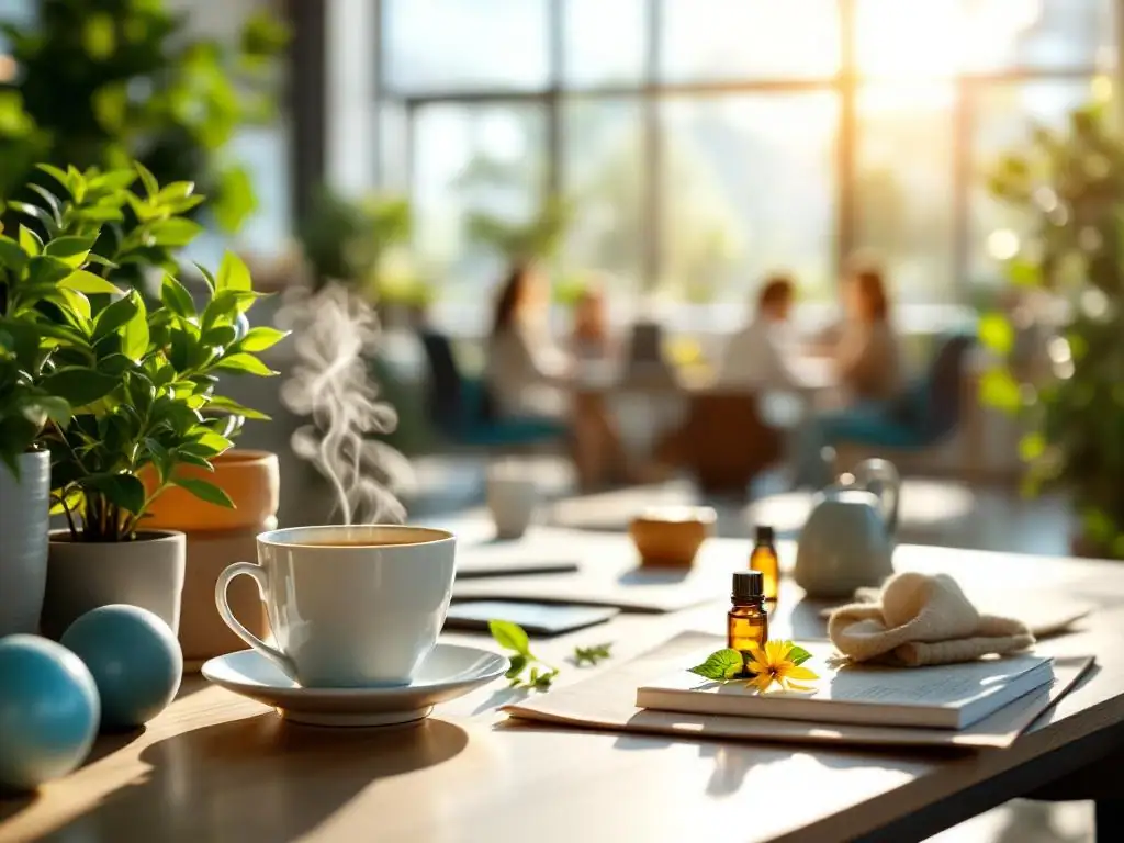 Modern kantooromgeving met ergonomische werkplek, thee, planten en samenwerkende medewerkers in natuurlijk licht